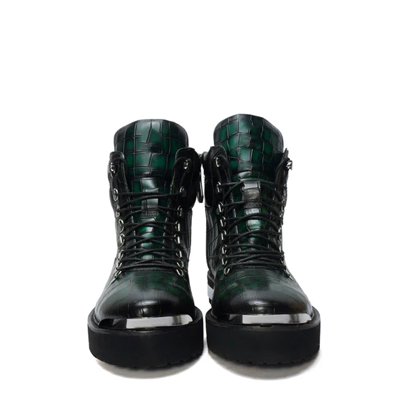 Croco Deep Cut Leather Lace UP Ankle Boot Black