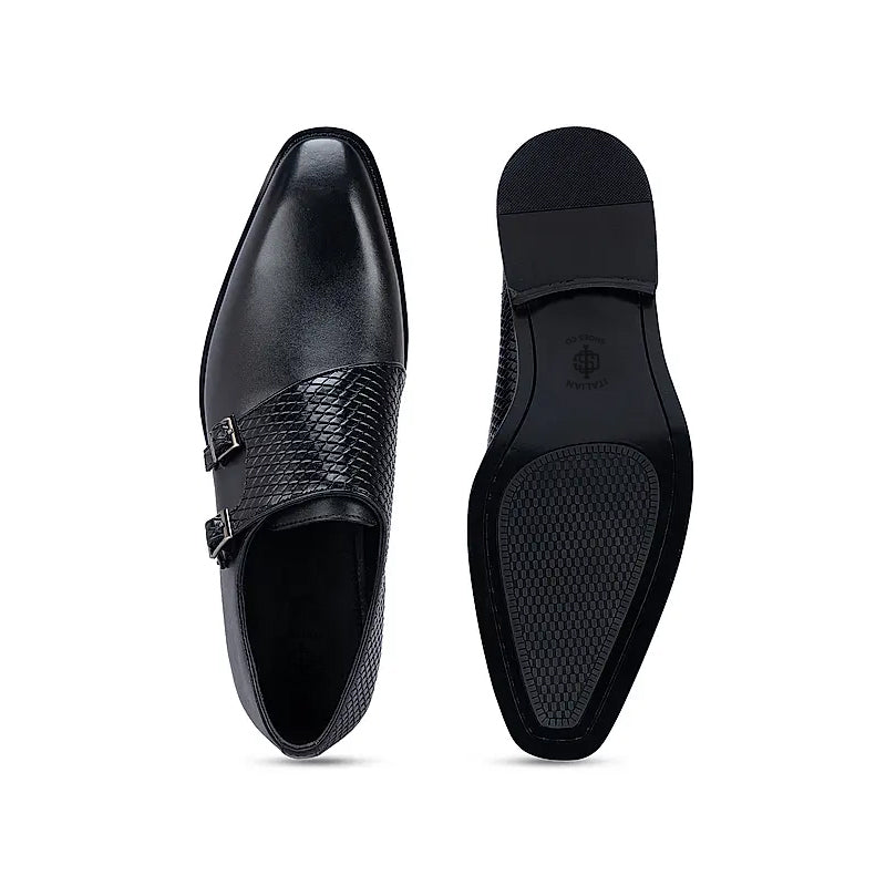 Polished Shiny Leather Textured Double Monk Shoe Black