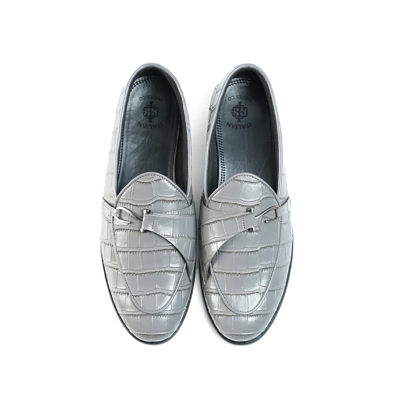 Croco Print Leather Stylish Grey Loafer With Side Hook