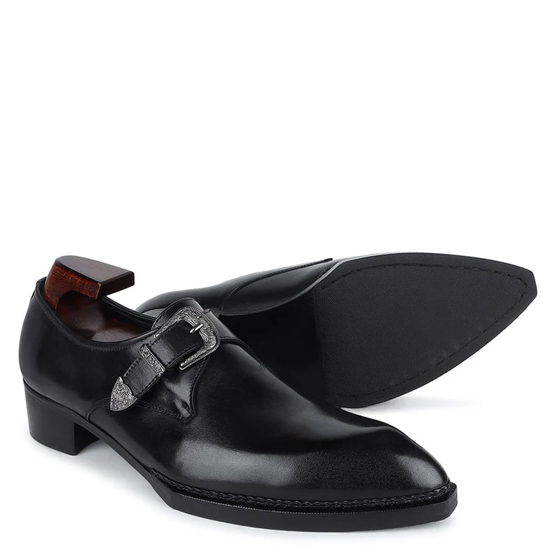 Men Solid Leather Formal Single Monk Straps Shoes