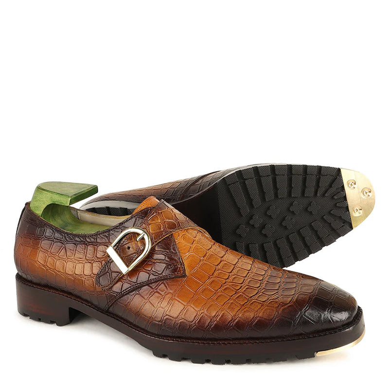 Handpainted Patina Croco Leather Single Monk Straps Shoes