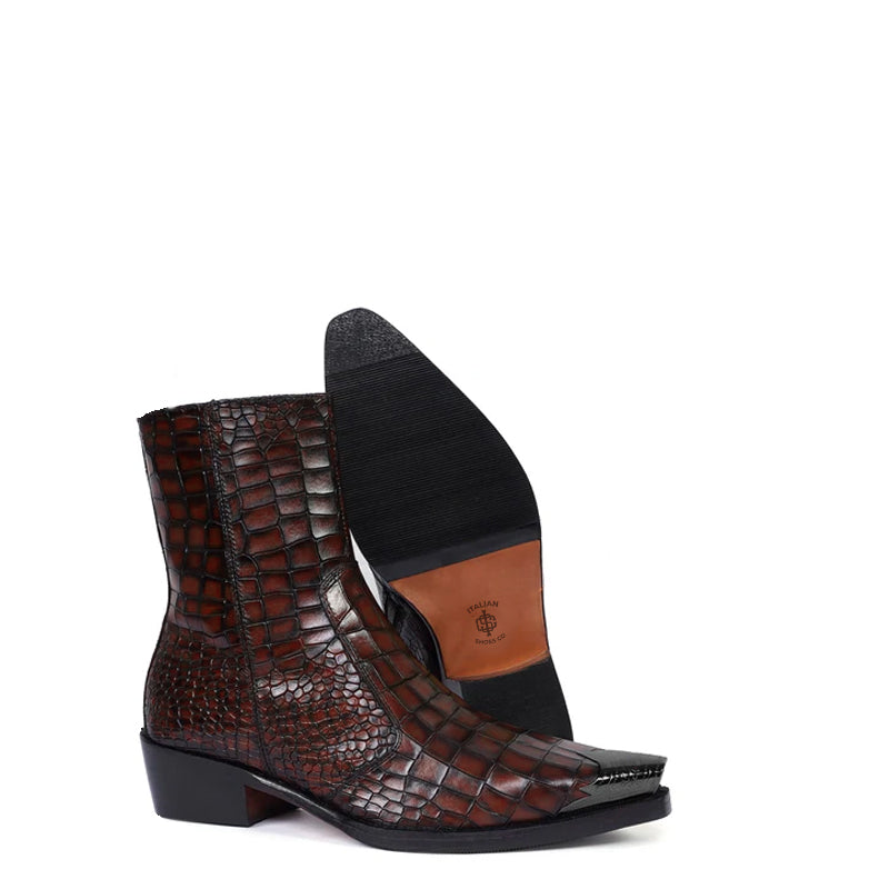 Luxury Croco Print Leather Side-Zipper Boots