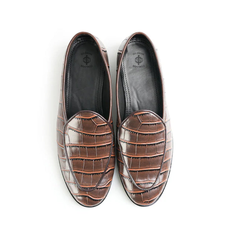Croc Effect Slip On Leather Loafers