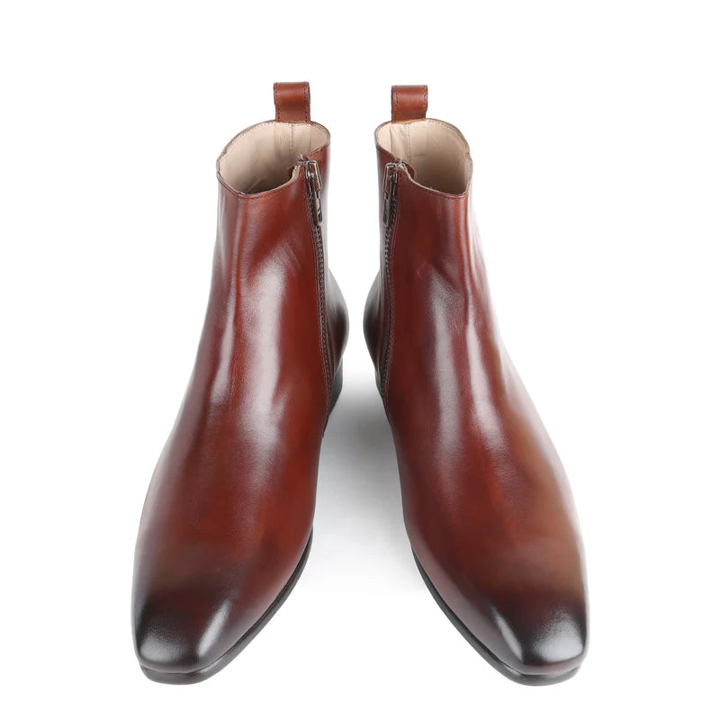 Classic Square Toe Leather Side Zipper Boots