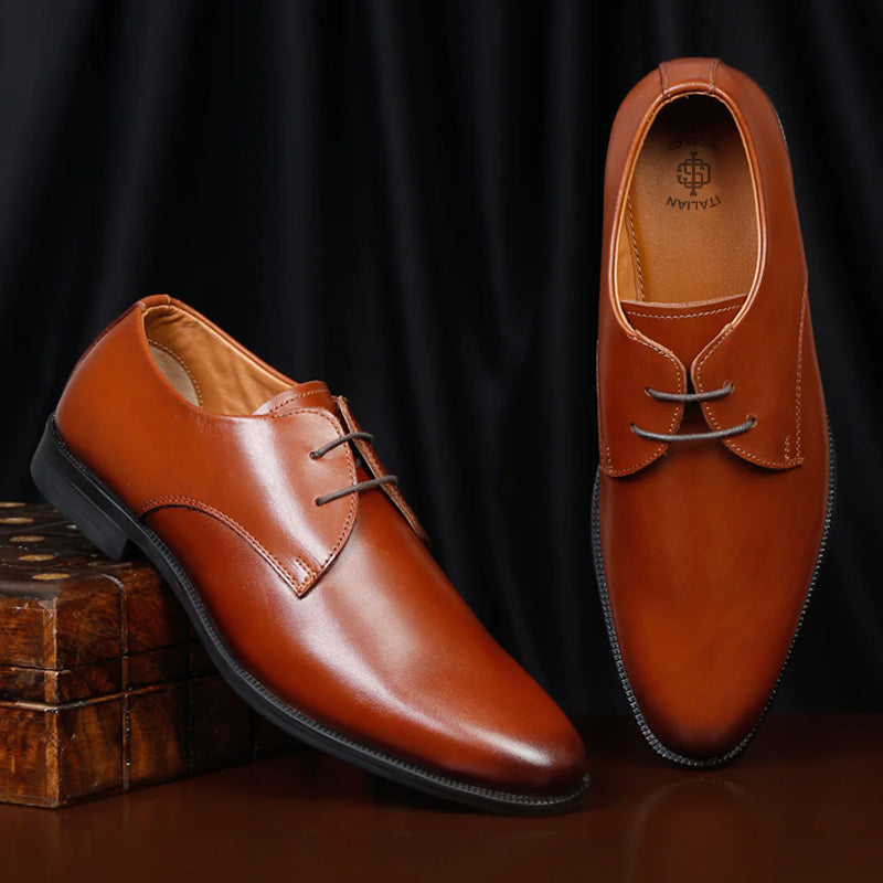 Leather Lace Up Solid Derby Brown Shoe