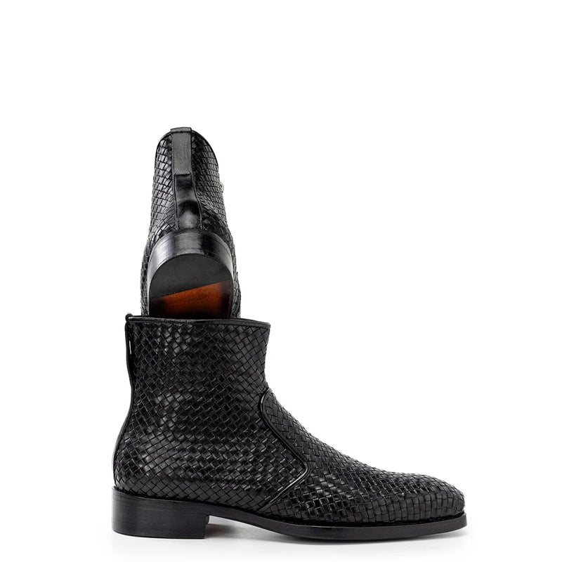 Luxury Stylish Woven Leather Side Zipper Boot Black