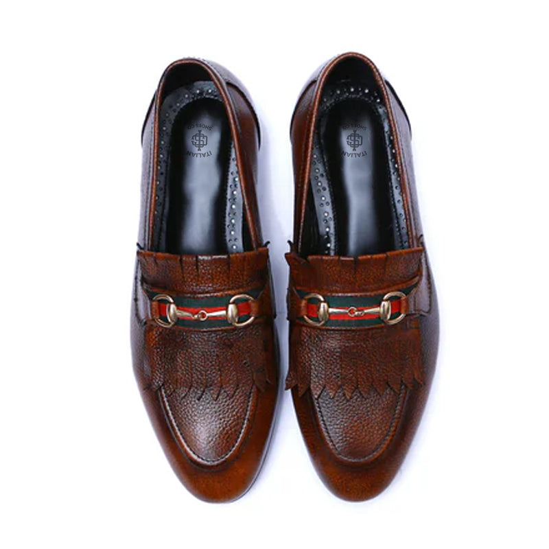 Men Handmade Solid Leather Buckled Tan and Brown Loafer