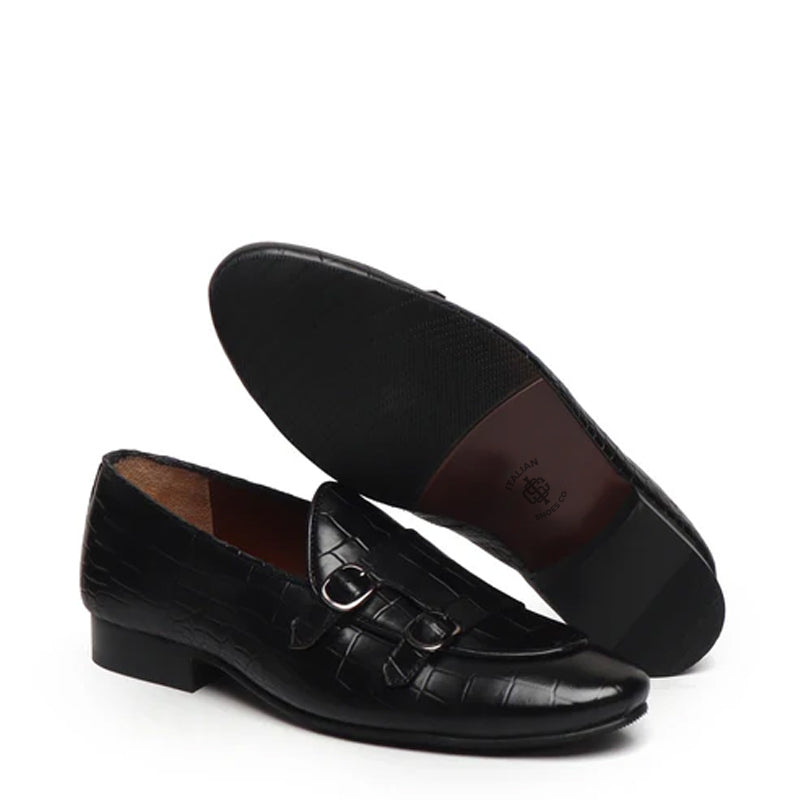Deep Cut Croco Double Monk Black Shoe For Men