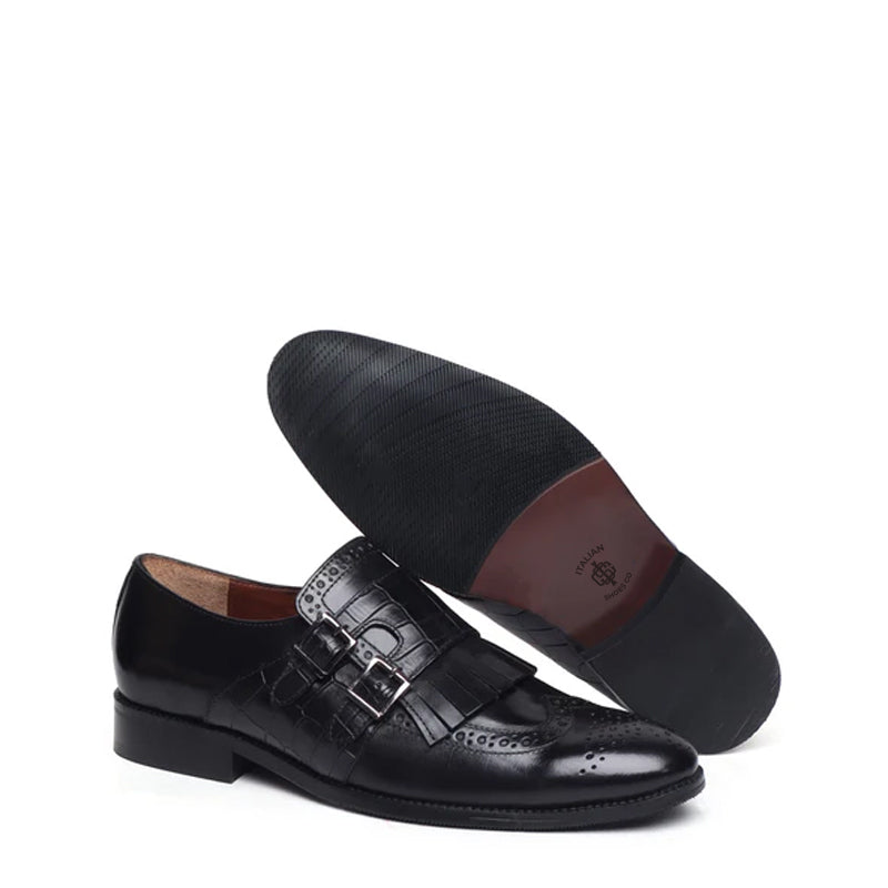 Men Leather Double Monk Strap Shoes with Fringes