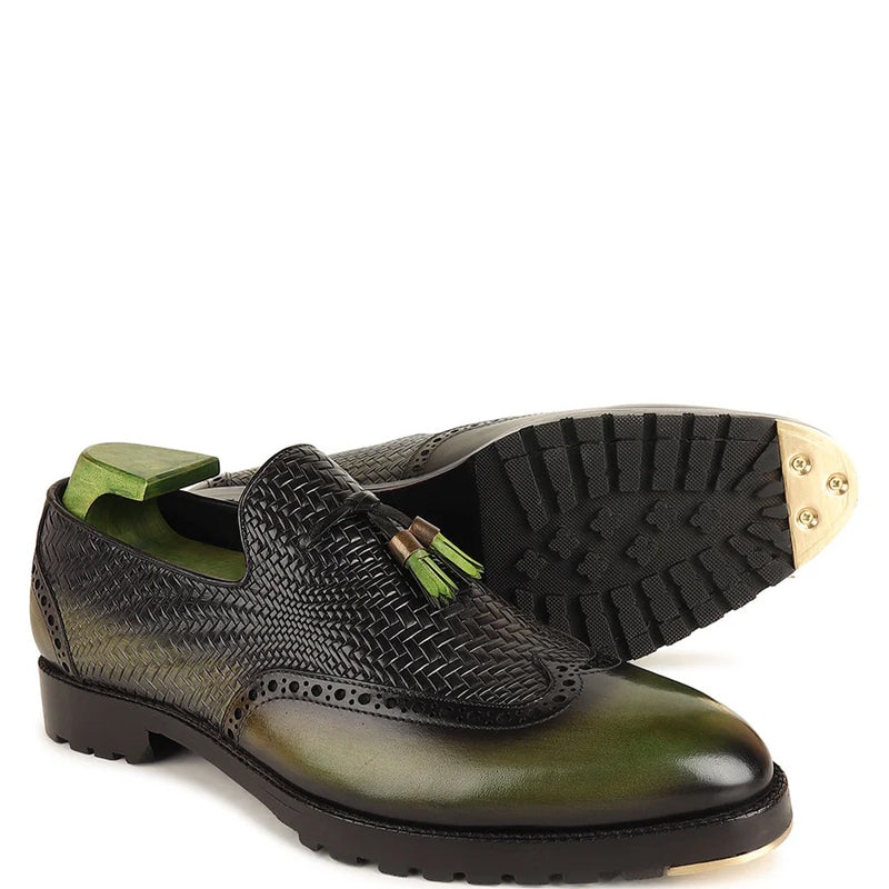 Patina Handmade Wingtip Leather Tassel Loafer Green