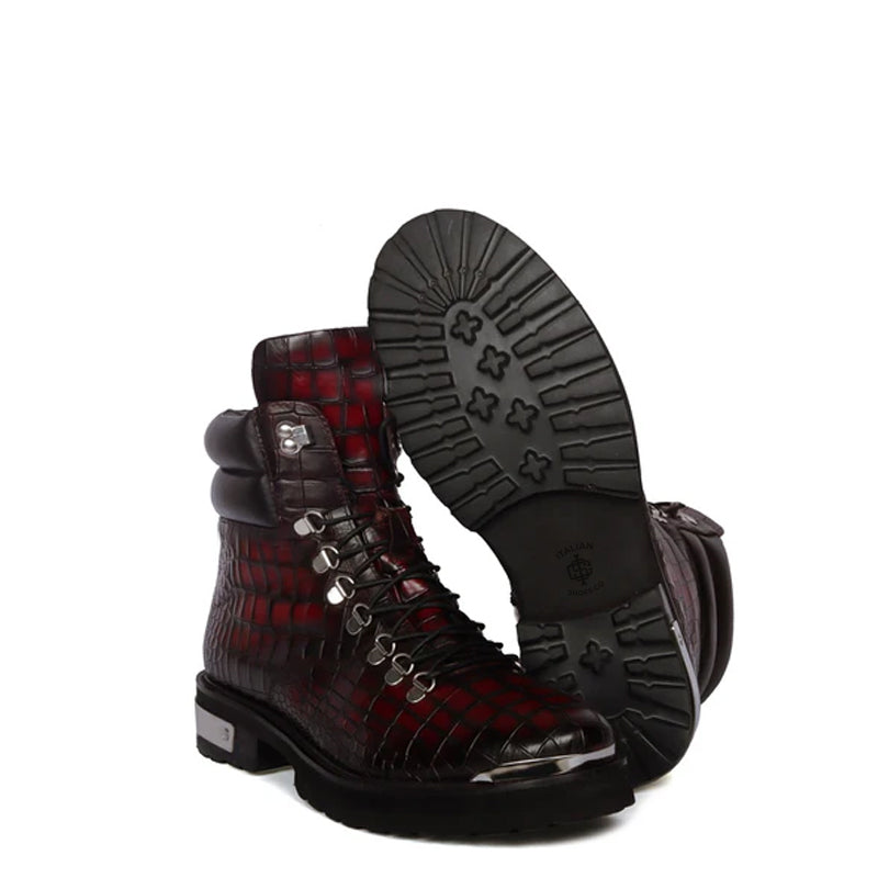 Croco Deep Cut Leather Lace UP Ankle Boot Black