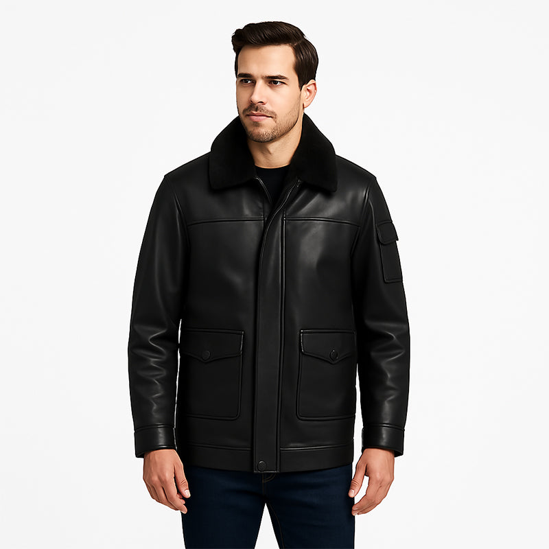 Men s Luxurious Black Front Pocket Jacket with Fur Collar