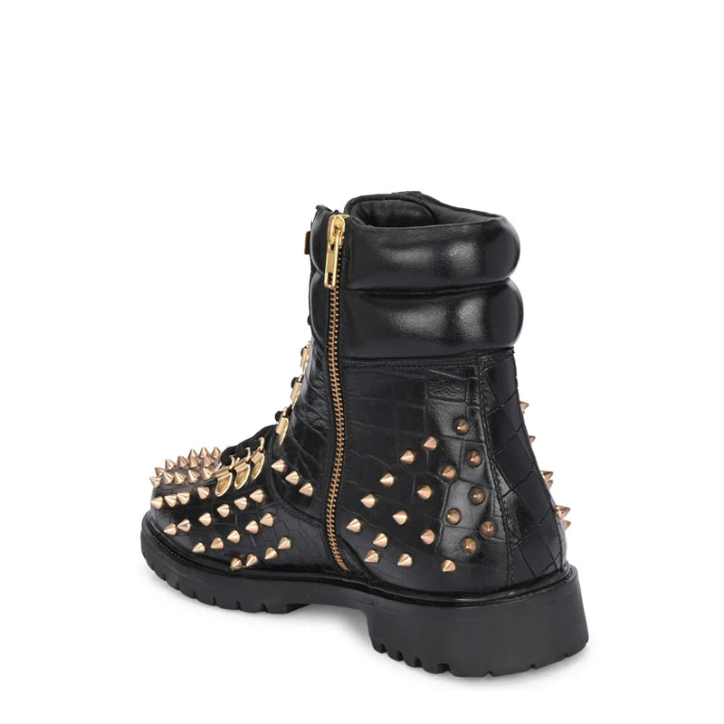 Croco Leather Studded Lace-Up Biker Boots