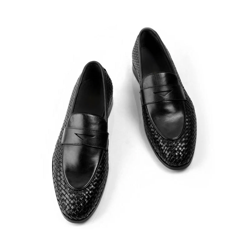 Men's Luxury Handwoven Leather Black Penny Loafer