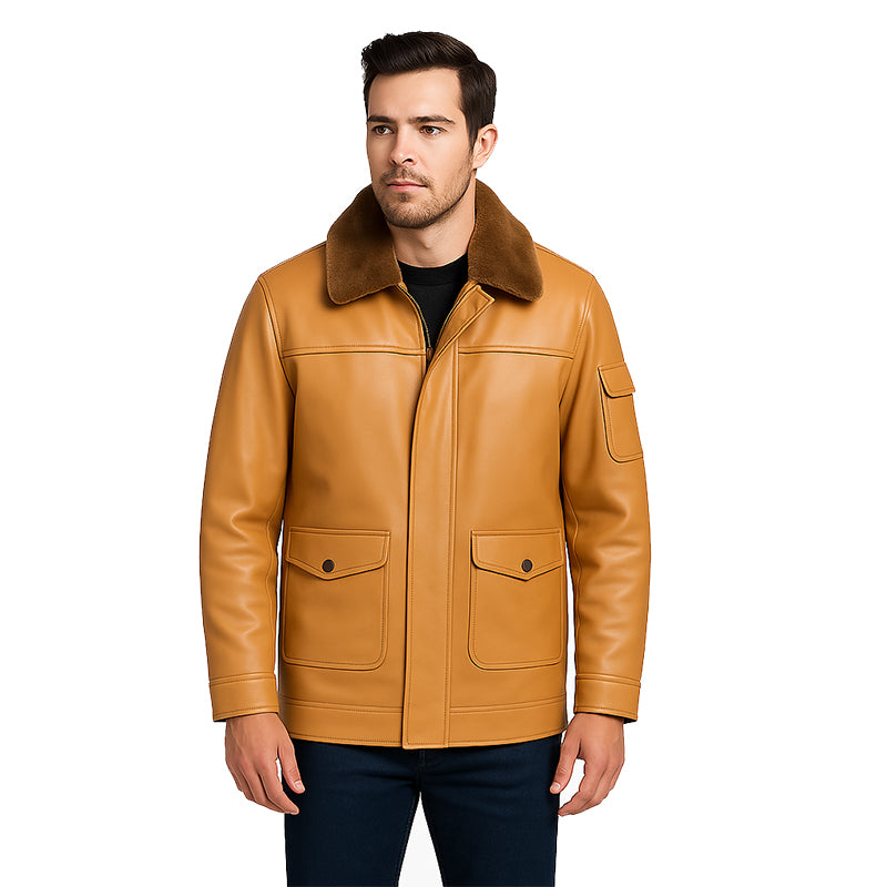 Men s Luxurious Black Front Pocket Jacket with Fur Collar