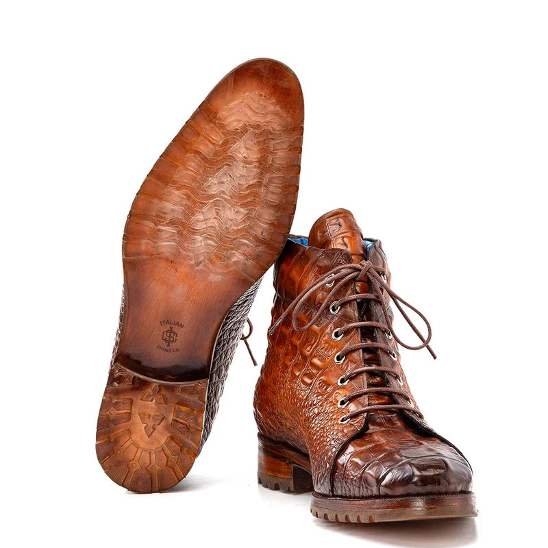 Hand Painted Croco Print Leather Lace Up Boot Burgundy