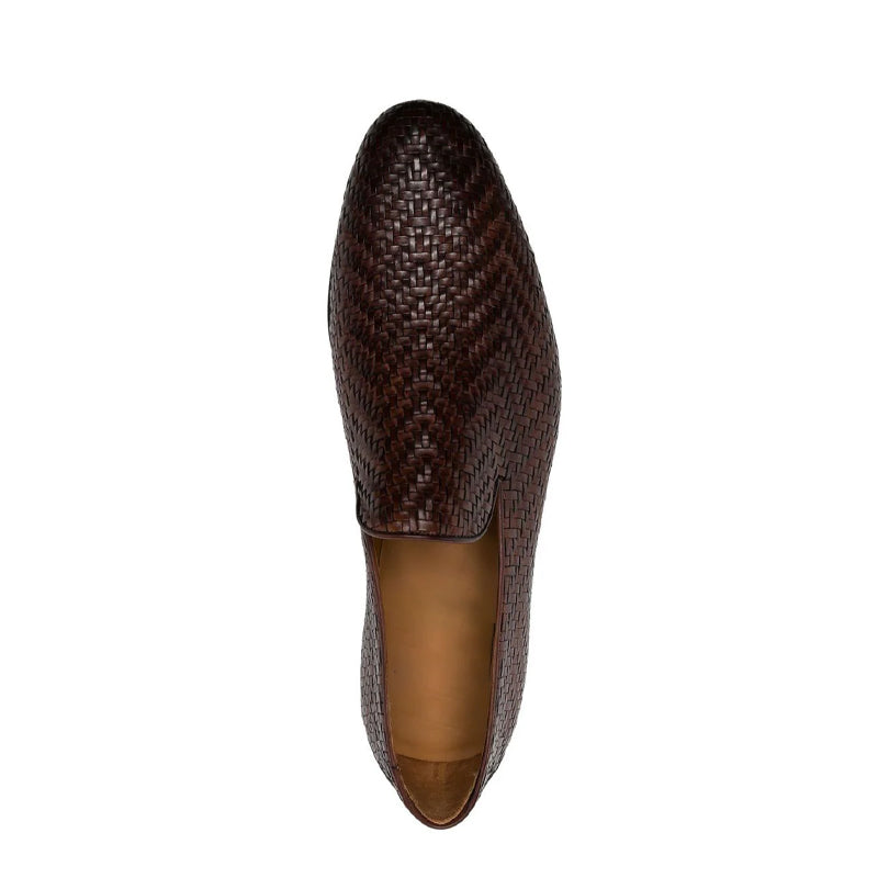 Dark Brown Woven Leather Loafers For Men