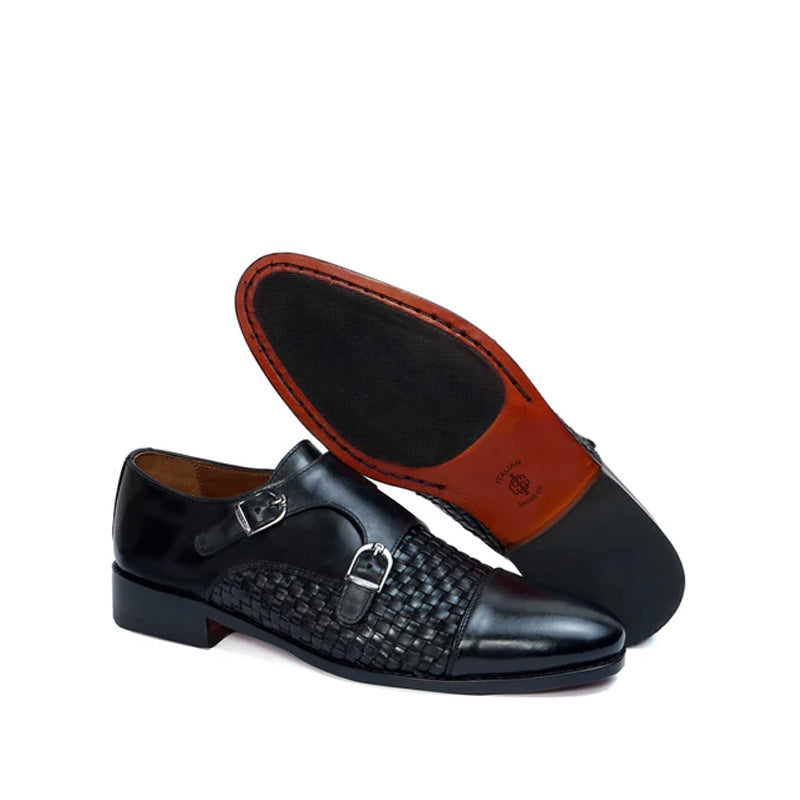 Woven Leather Double Monk Shoes For Men