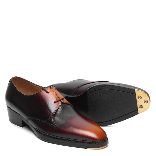 Pure Leather Cuban Heel Formal Derby Shoe Tan Burgundy