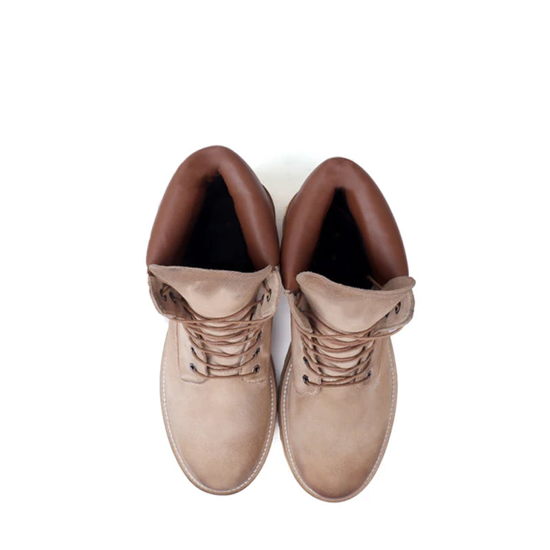 Suede Leather Lace Up Biker Beige Boot