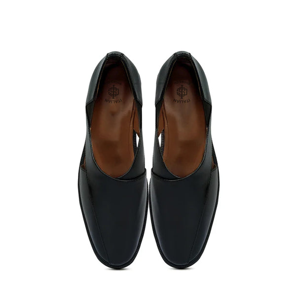 Leather Cross Strap Slip On Comfort Peshawari Sandal - Black