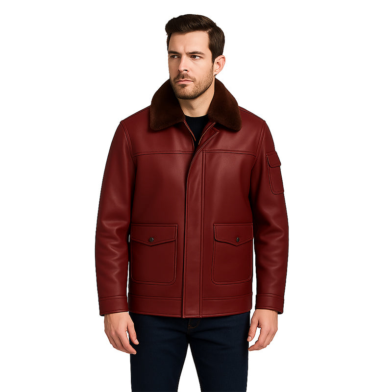 Men s Luxurious Black Front Pocket Jacket with Fur Collar