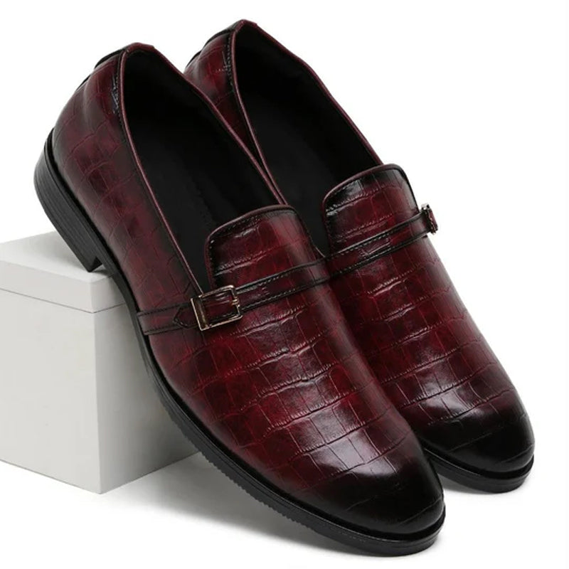 Croco Textured Leather Burgundy Loafer With Side Buckle