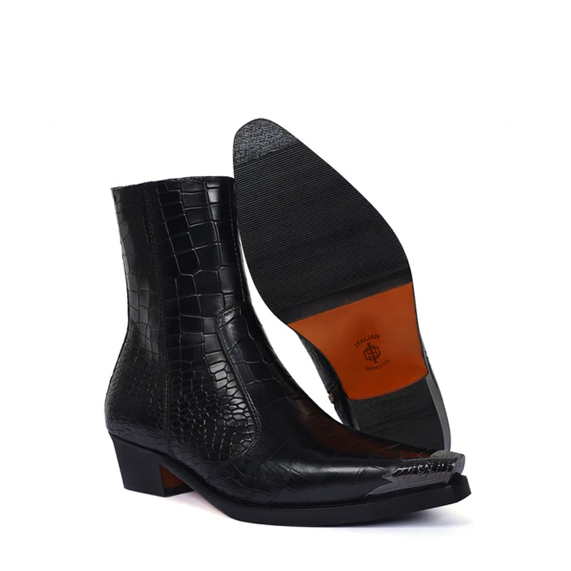Luxury Croco Print Leather Side Zipper Boot Black
