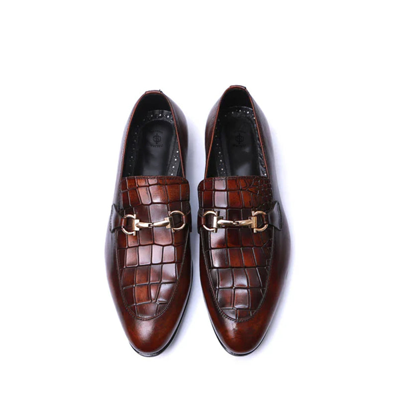 Croco Upper Leather Loafers With Buckle