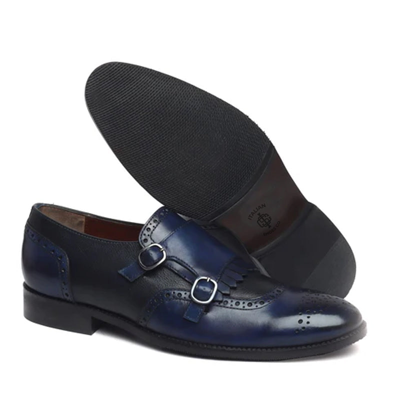 Leather Double Monk Strap Shoes With Fringes