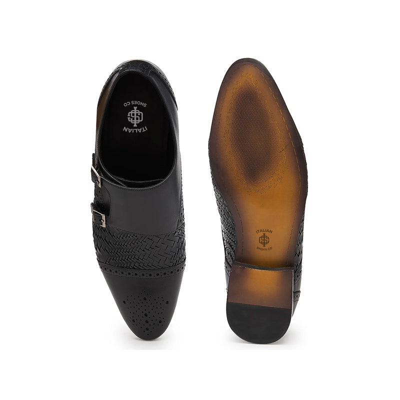 Men Woven Textured Leather Double Monk Strap Shoes
