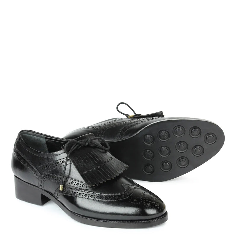 Wingtip Leather Fringed Design Oxford Shoes Black