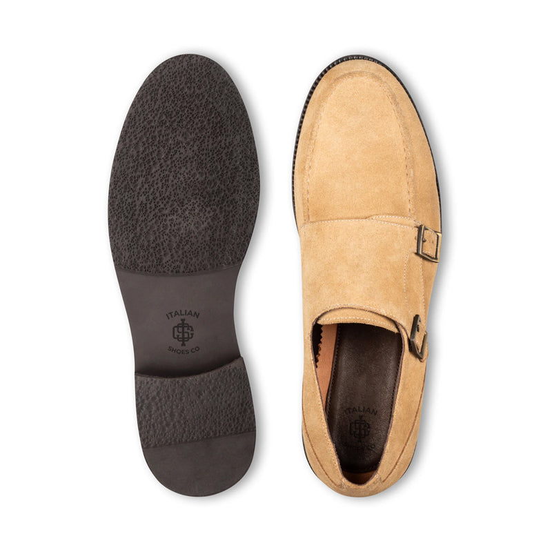 Men Suede Leather Double Monk Straps Brown Shoe