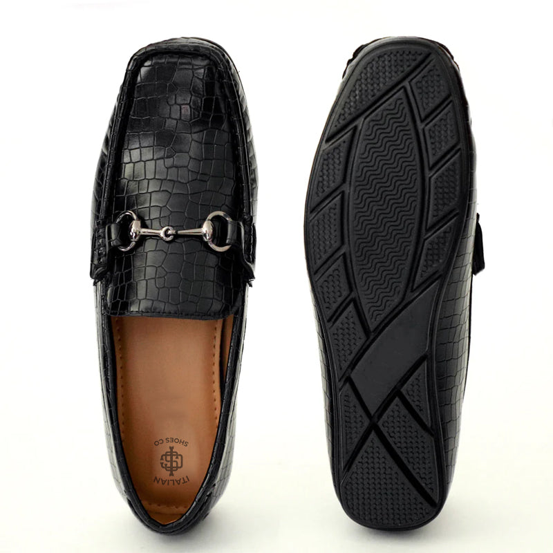 Croco Pattern Leather Horsebit Buckled Loafers