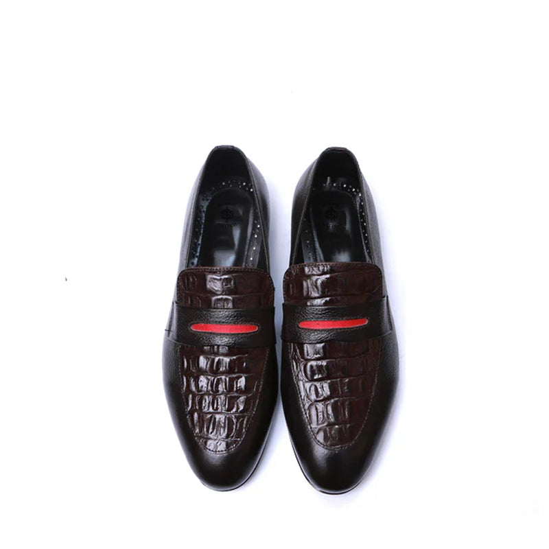 Men Croc Leather Loafers With Red Patti