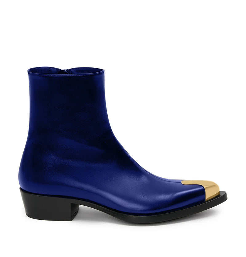 Punk Leather Boots Golden Toe Blue