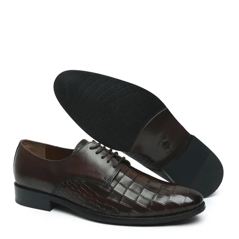 Croco Textured Formal Leather Oxford Brown Shoe