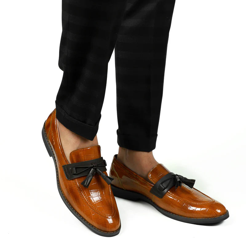 Croco Slip-On Leather Tassel Loafers