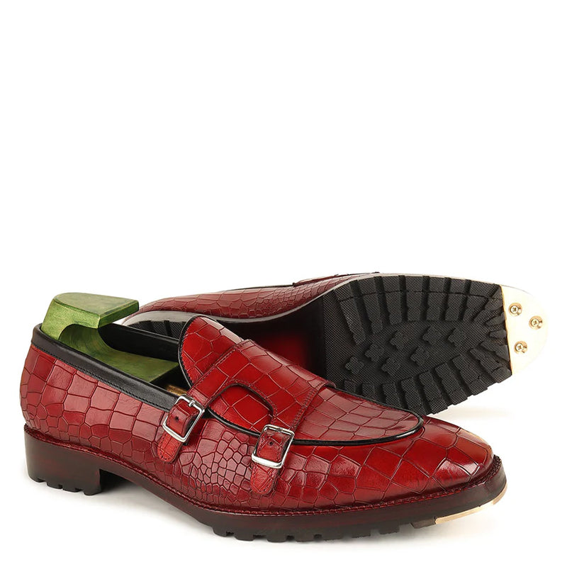 Patina Croco Leather Double Monk Straps Shoes