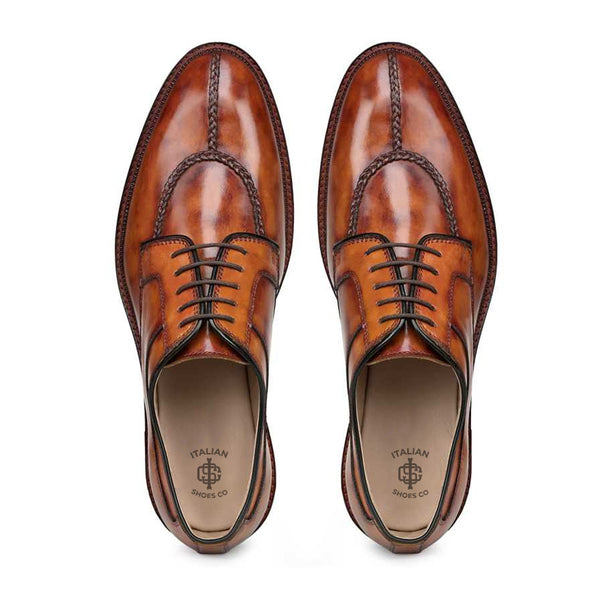 Polished Shiny Leather Split Toe Derby Shoe Tan
