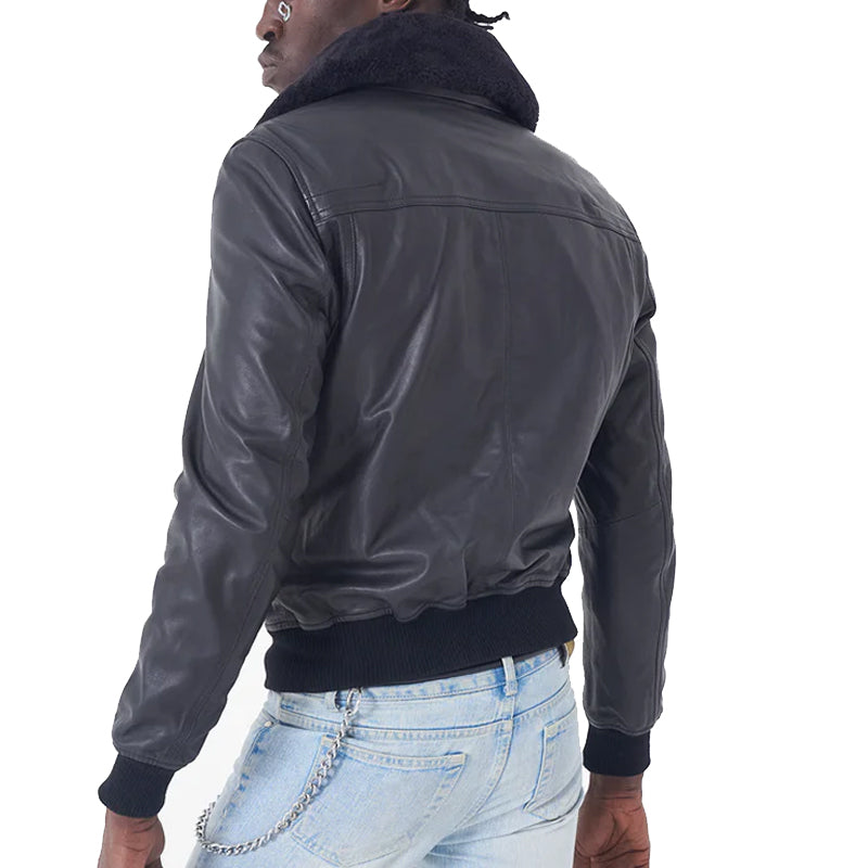 Bomber Leather Jacket Black Fur