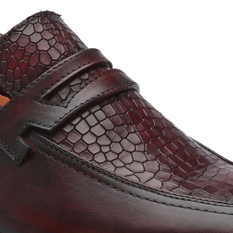 Luxury Croc Upper Cuban Heel Leather Burgundy Loafer