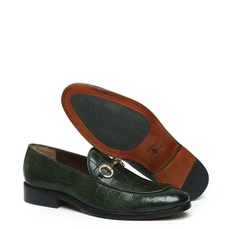 Croco Leather Horse bit Buckled Green Loafer