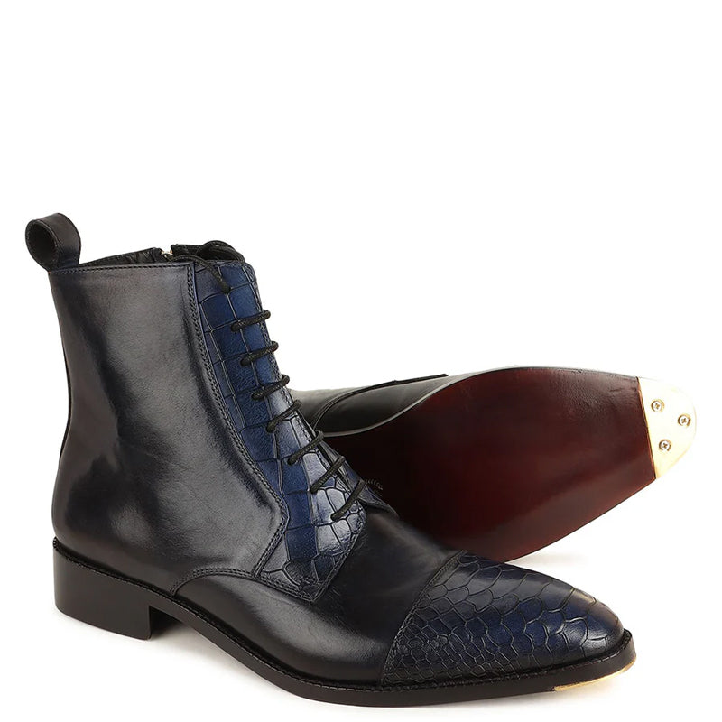 Croco Print Leather High Ankle Boots With Side Zip Up