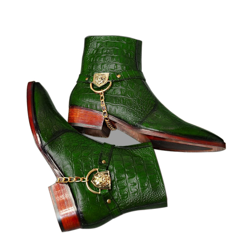 Green Croco Side Buckle Chelsea Boots