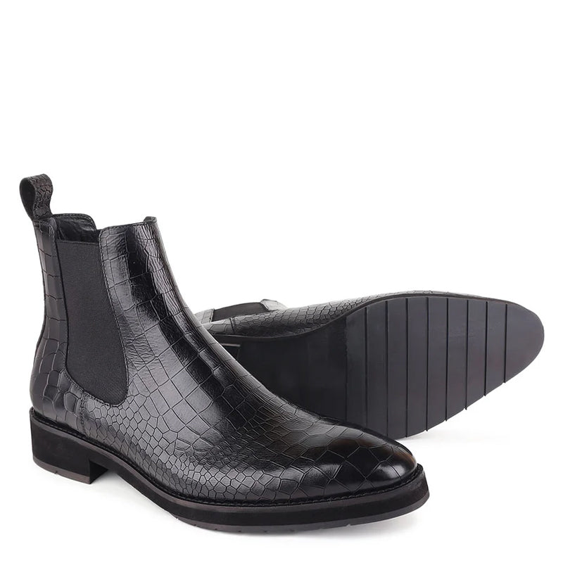 Men Solid Croco Print Leather Chelsea Boots