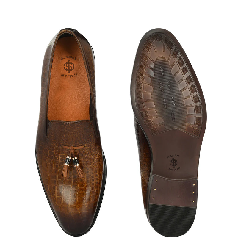 Handmade Croc Leather Tassel Loafers For Men