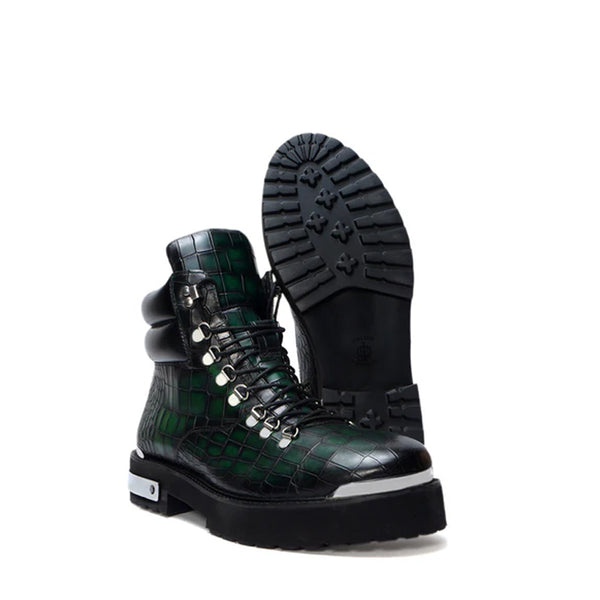 Croco Deep Cut Leather Lace UP Ankle Boot