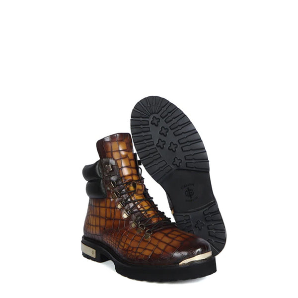 Croco Deep Cut Leather Lace UP Ankle Boot
