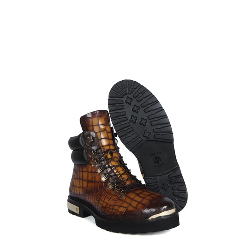 Croco Deep Cut Leather Lace UP Ankle Boot Black